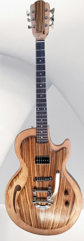 Biggie B with Maple Back and Zebra wood top, Bigsby vibrato/bridge, 1 P-90 Soap bar pickup, 1 vol & 1 tone control, Maple neck with Rosewood fingerboard, 25.5" scale